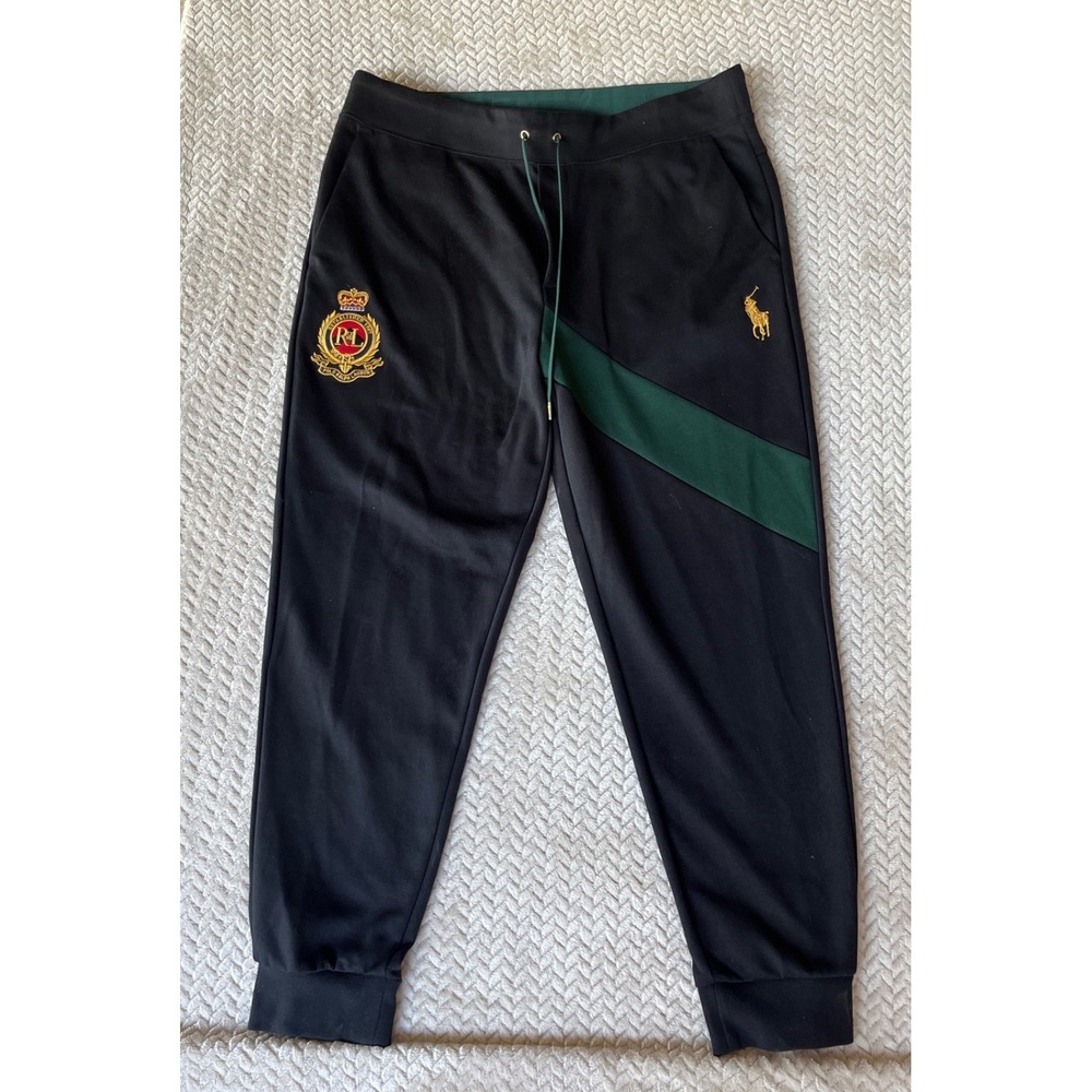 Polo Ralph Lauren Mens XL Black Green Crest Logo Joggers Sweatpants Pony Gold
